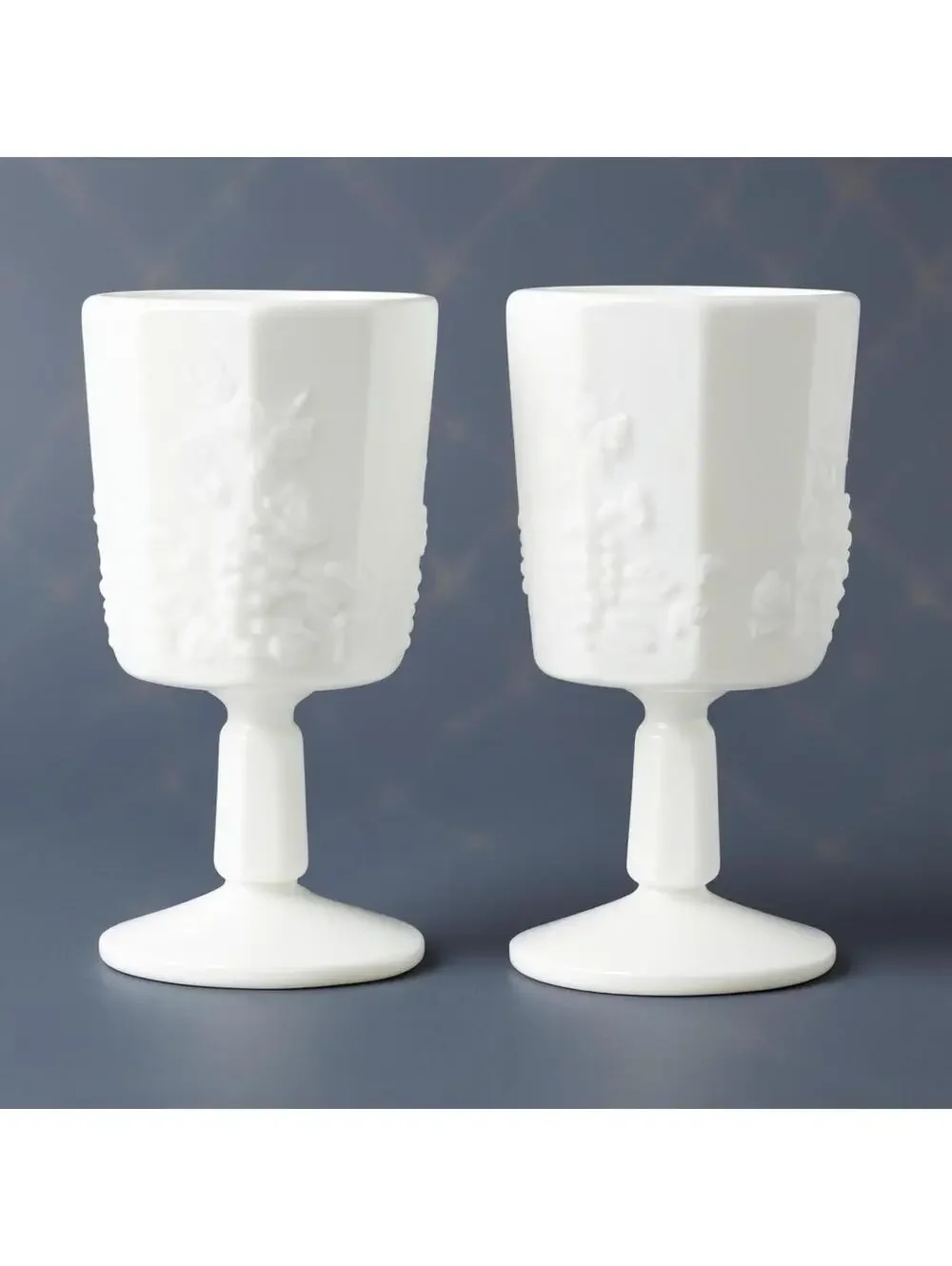 Set of 2 Vintage White Milk Glass Goblets with Grape Vine Relief